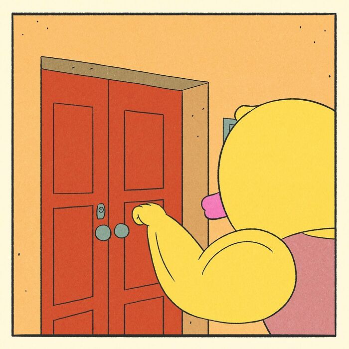 Bodybuilding duck locking a pink bicycle on a suburban street in a comic style with bright colors and clear sky background.