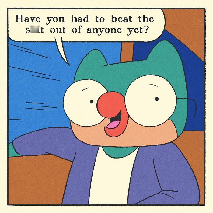 Comic panel featuring a bodybuilding duck driving a red car with a cat passenger, showcasing the character’s soft heart.