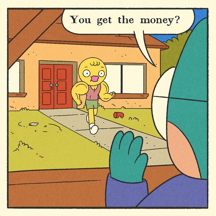 Colorful comic scene showing a cartoon duck character driving a red car past a house with a backyard grill overturned.