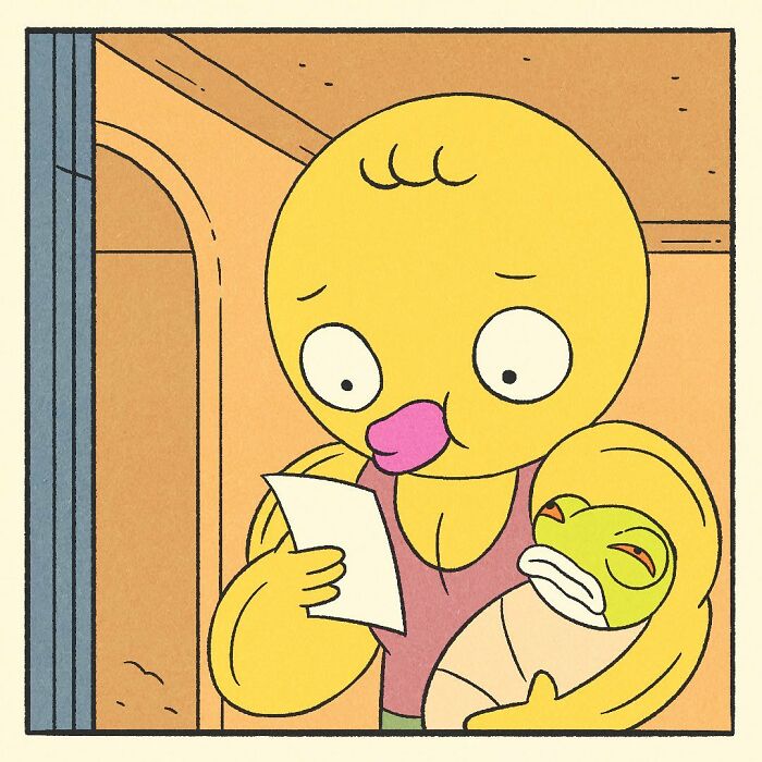 Muscular cartoon duck feeding a baby with a bottle, showing a mix of bodybuilding strength and soft heart in a comic style.