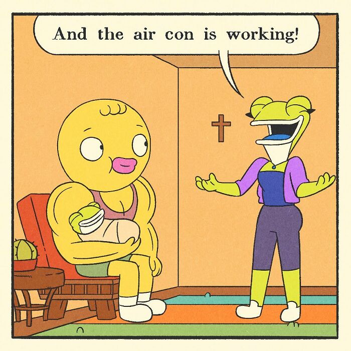 Comic illustration of a bodybuilding duck with a soft heart gently holding a small bird in a cozy living room.