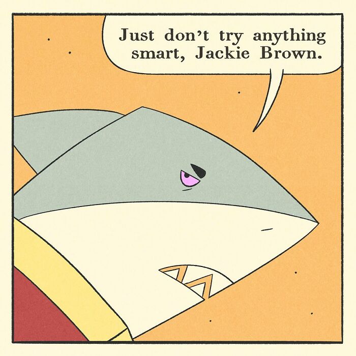 Bodybuilding duck character holding a baby, standing between a fox and a shark in a comic-style illustration.