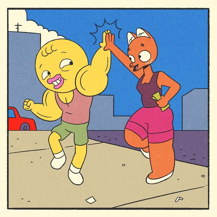 Bodybuilding duck with muscular arms standing next to an orange fox and a frog holding money outside a barbed wire fence.