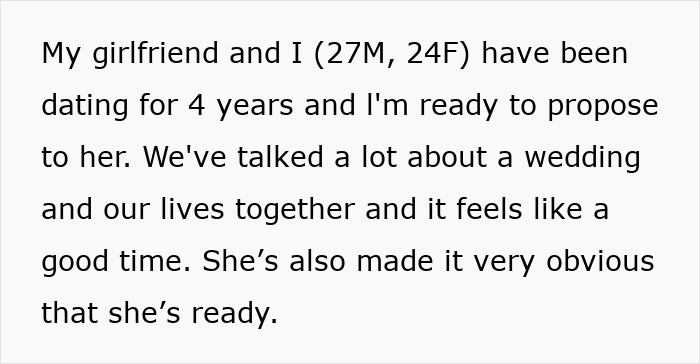 Couple discussing proposal plans after four years of dating, with sisters encouraging a small ring for the girlfriend.