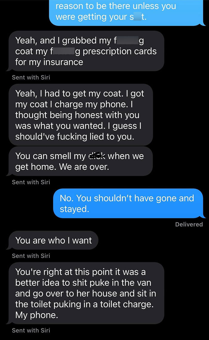 Text message exchange about boyfriend going to ex-girlfriend’s house bathroom to charge phone during a breakup argument. Text message exchange about boyfriend going to ex-girlfriend’s house bathroom to charge phone during a breakup argument.