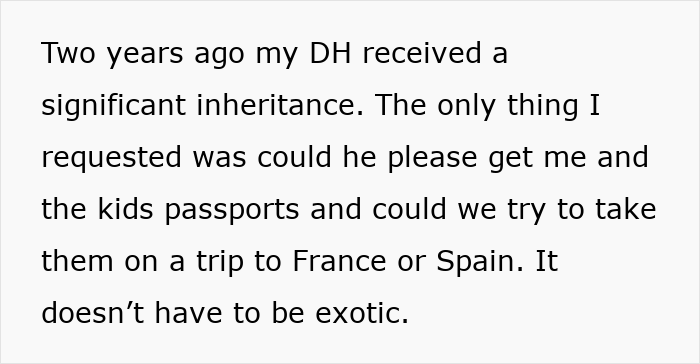 Text about husband saying wife and kids aren't allowed passports due to affordability despite inheritance request. Text about husband saying wife and kids aren't allowed passports due to affordability despite inheritance request.