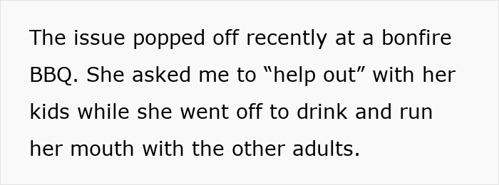 Text excerpt explaining a conflict emerging at a bonfire BBQ after a pregnant woman refuses to babysit niblings. Text excerpt explaining a conflict emerging at a bonfire BBQ after a pregnant woman refuses to babysit niblings.