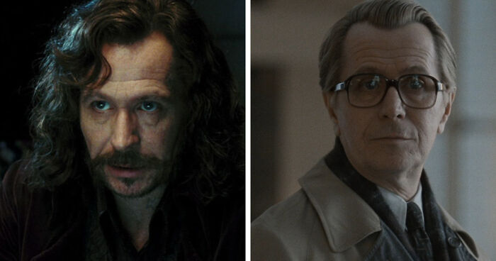 Actor with long curly hair and mustache on left, and same actor with glasses and slicked-back hair on right in distinct roles.
