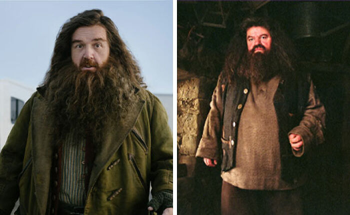 Side-by-side images of a character with a large beard showcasing a major detail change in HBO's Harry Potter fans upcoming show. Side-by-side images of a character with a large beard showcasing a major detail change in HBO's Harry Potter fans upcoming show.