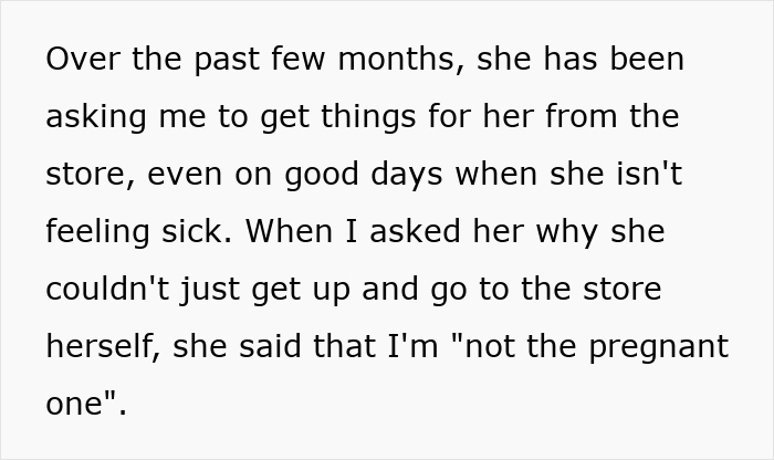 Text on a screen describing a guy fed up with his pregnant roomie who asks him for favors, revealing he's the father.