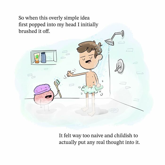 Cartoon Earth and moon with faces in space, illustrating a funny comic about perspective and the brain.