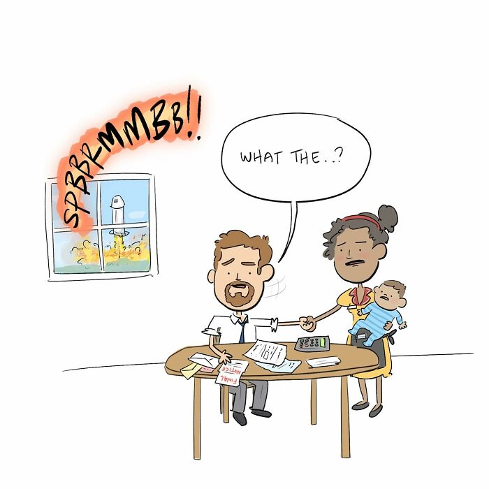 Cartoon of a man and woman with baby discussing budgeting in a funny comic about arguing with their own brain.