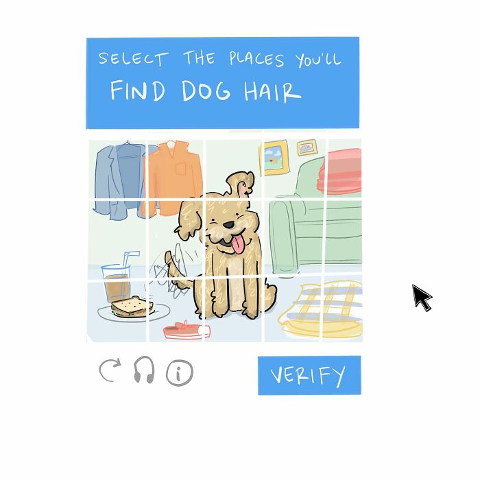 Hand-drawn comic showing a checkbox labeled Im not a robot with a submit button and cursor pointer.
