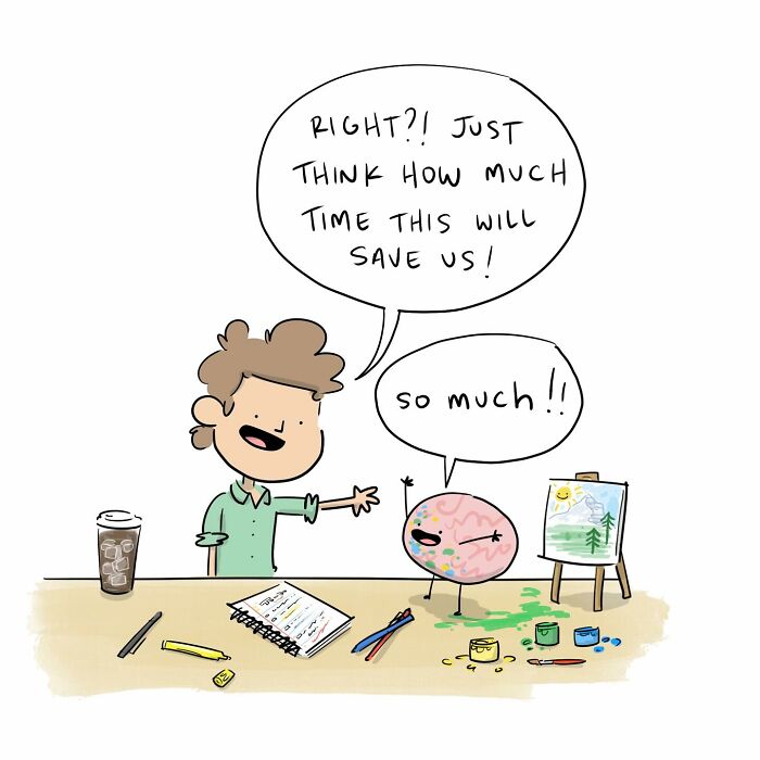 Person and brain arguing with each other about productivity in a funny comic from 40 funny comics series.