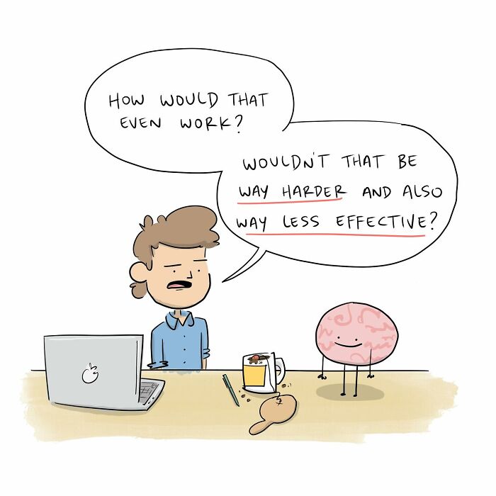 Person working on laptop being distracted by a funny comic brain with a paddle, illustrating arguing with their own brain.