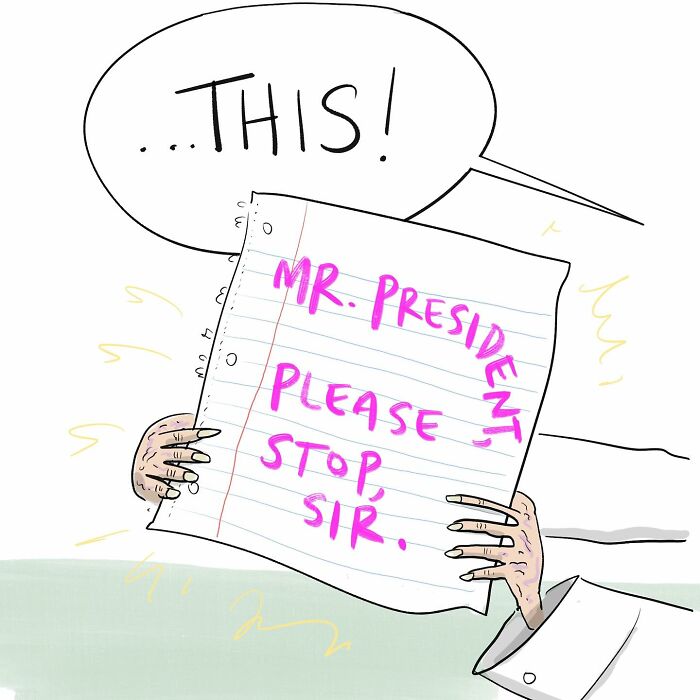 Cartoon of a frustrated person outside DNC headquarters with a fallen plant, illustrating funny comics about arguing with your brain.