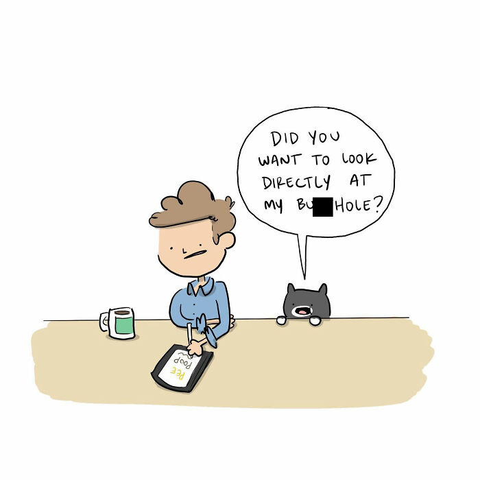 Cartoon of a person smiling at a table with a mug and a tablet showing a funny comics drawing.