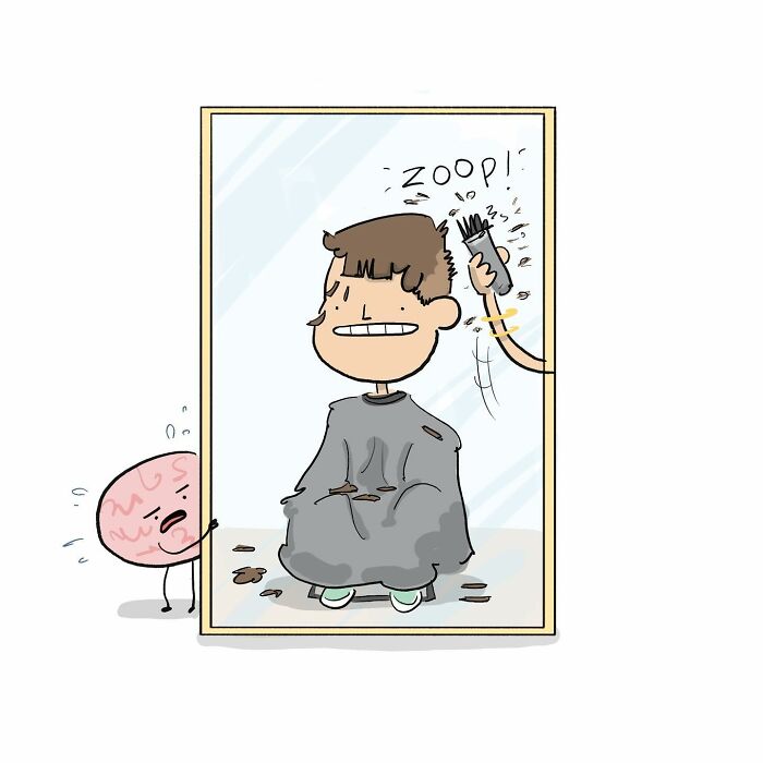 Cartoon comic showing a person being sprayed in the head by a brain character, humorous comic about arguing with brain.