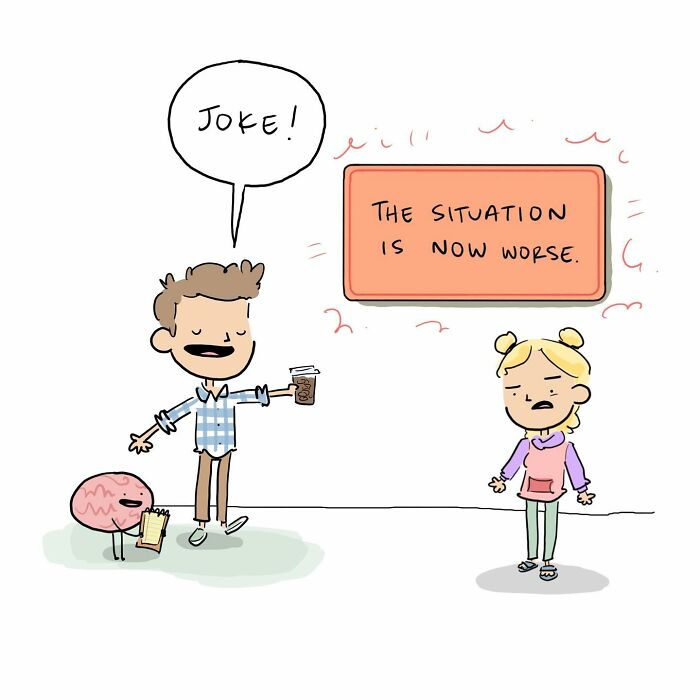 Cartoon of a man holding a smiling brain character with a balloon, illustrating funny comics about arguing with your brain.