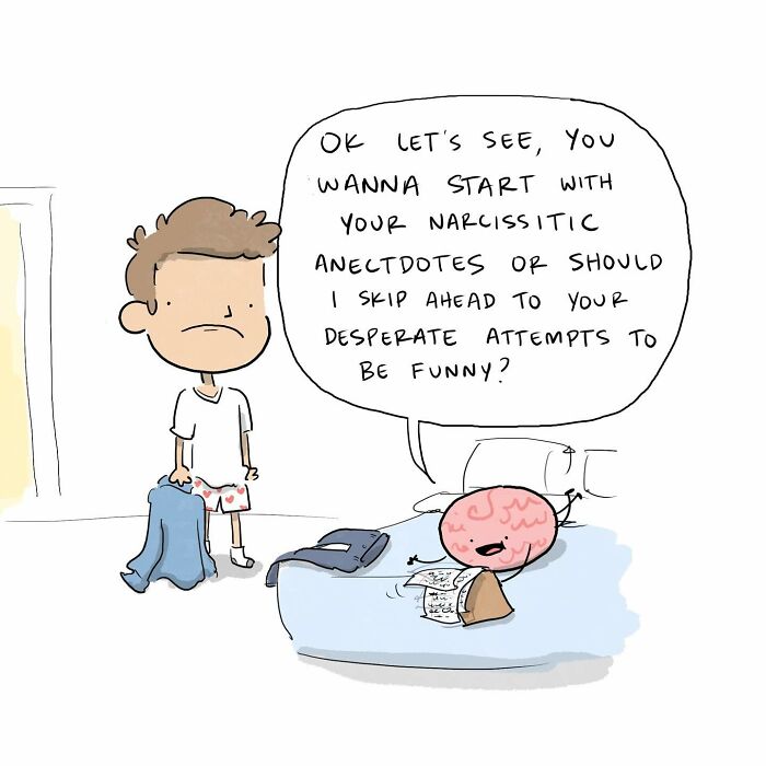 Man happily waving goodbye while a small brain with legs writes notes, illustrating funny comics about arguing with your brain.