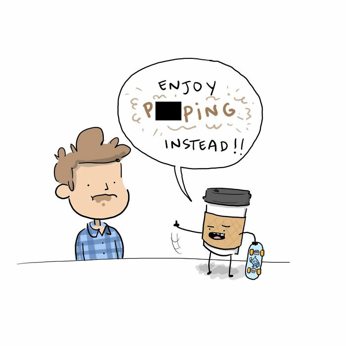 Funny comics showing a person talking to a walking coffee cup offering an energy boost in a humorous brain argument.