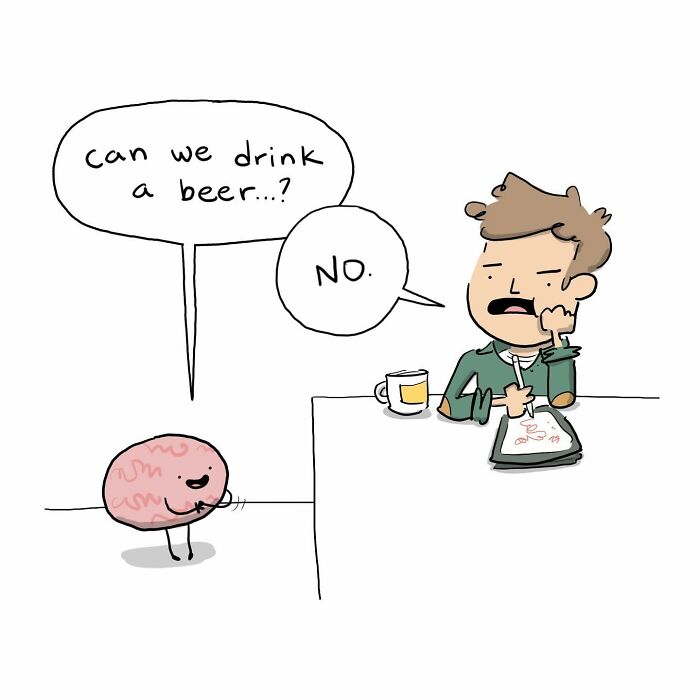 Funny comic showing a person arguing with their own brain about having more coffee at the table.