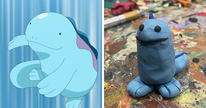 Comparison of a poorly-made clay figure of a favorite Pokemon with the original animated character side by side.