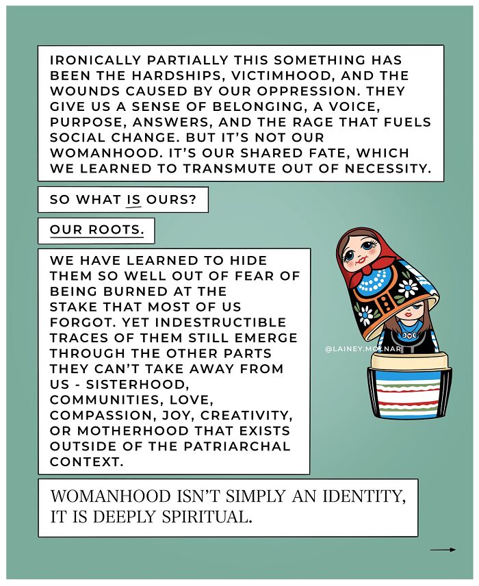 Illustration of a woman sitting on a crescent moon with text about reclaiming womanhood and gender expectations.