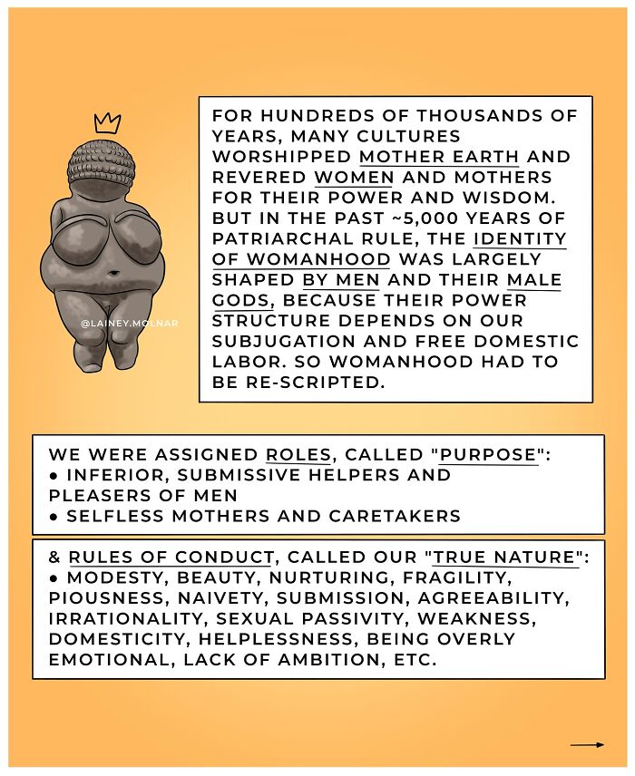 Illustration of a woman sitting on a crescent moon with text about reclaiming womanhood and gender expectations.