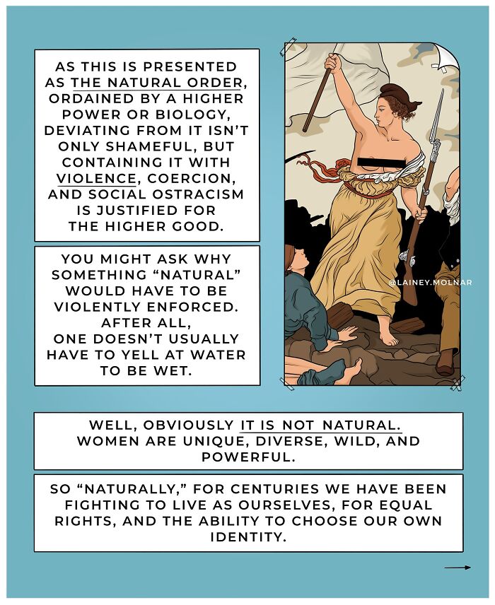 Illustration of a woman sitting on a crescent moon with text about reclaiming womanhood and gender expectations.