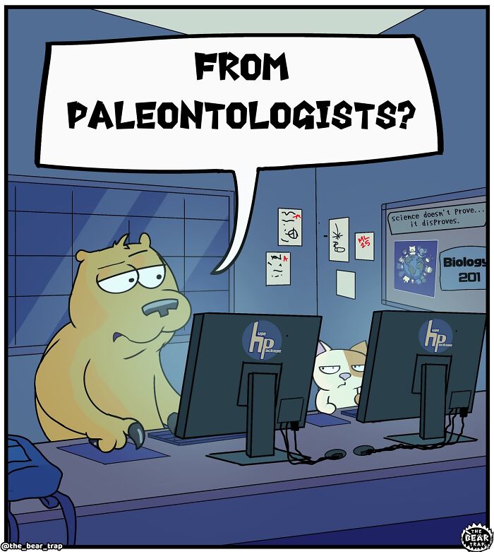 Comic featuring animal characters using computers, showcasing hilarious animal comics about real-life struggles and dinosaur DNA research.