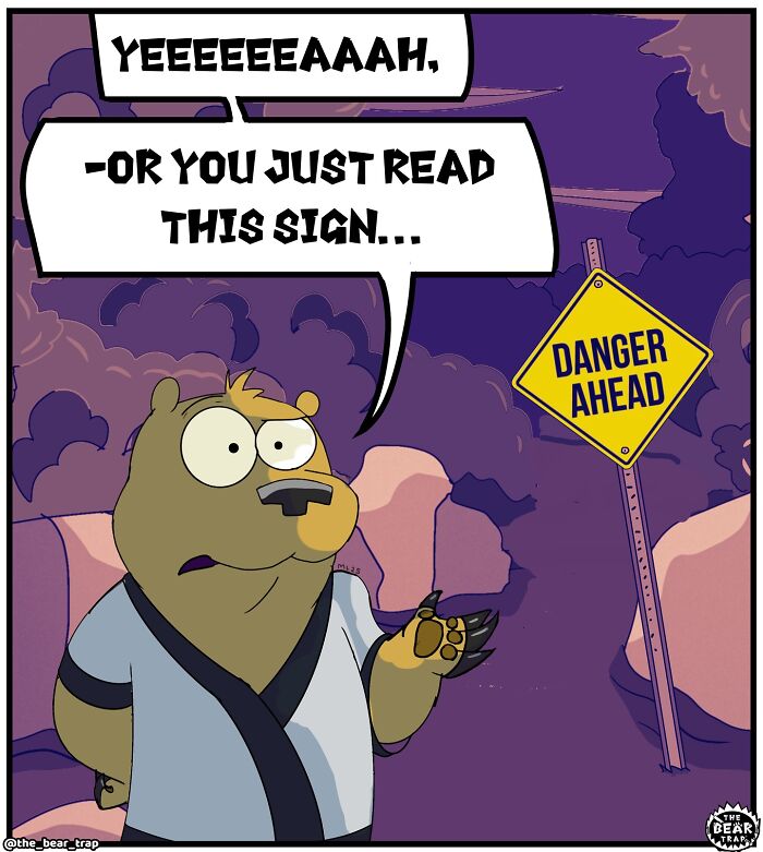 Cartoon animal comics showing a large bear advising a smaller bear, tackling real-life struggles with humor.