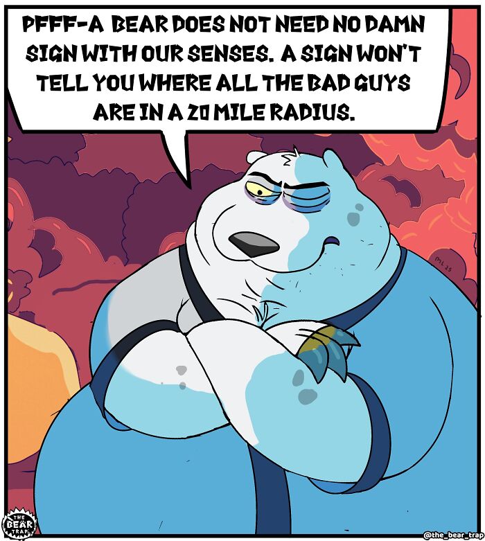 Cartoon animal comics showing a large bear advising a smaller bear, tackling real-life struggles with humor.