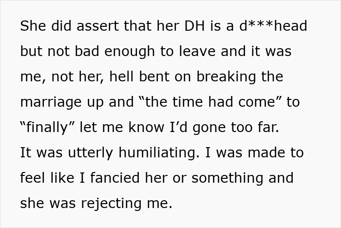 Text excerpt discussing feelings of humiliation and rejection after cutting off a friend who stayed in an abusive marriage. Text excerpt discussing feelings of humiliation and rejection after cutting off a friend who stayed in an abusive marriage.