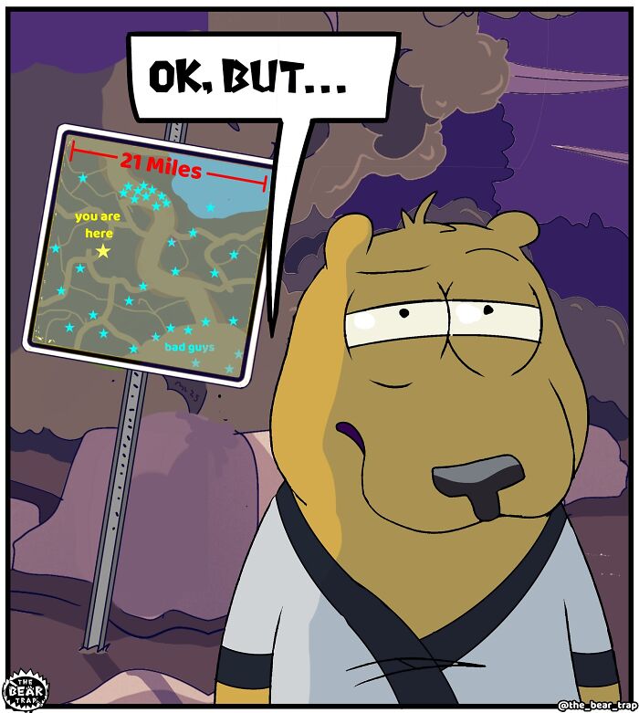 Cartoon animal comics showing a large bear advising a smaller bear, tackling real-life struggles with humor.