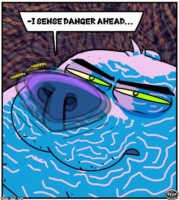 Cartoon animal comics showing a large bear advising a smaller bear, tackling real-life struggles with humor.