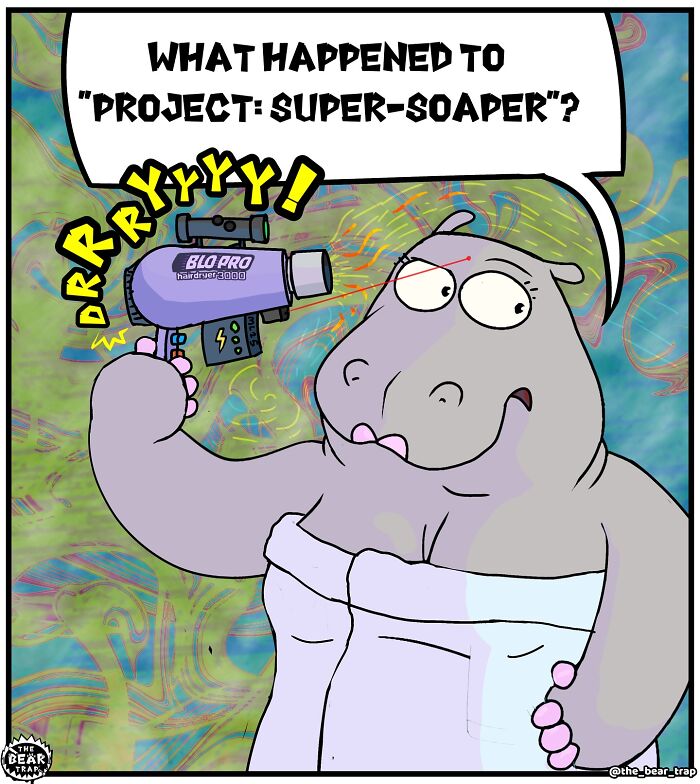 Hilarious animal comic of a bear struggling with real-life issues while asking for more soap in the shower.