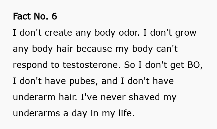 Text excerpt describing an intersex woman with XY chromosome explaining how her body differs due to lack of response to testosterone. Text excerpt describing an intersex woman with XY chromosome explaining how her body differs due to lack of response to testosterone.