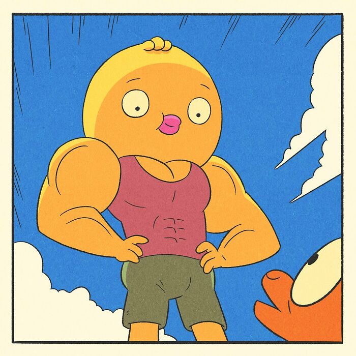 Bodybuilding duck with muscular arms sitting on a green gym bench by the beach with a surprised expression.