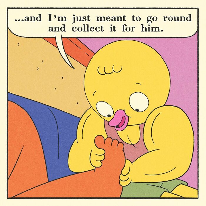 Comic panel showing a colorful balcony with a speech bubble about being offered a job, part of a bodybuilding duck story.