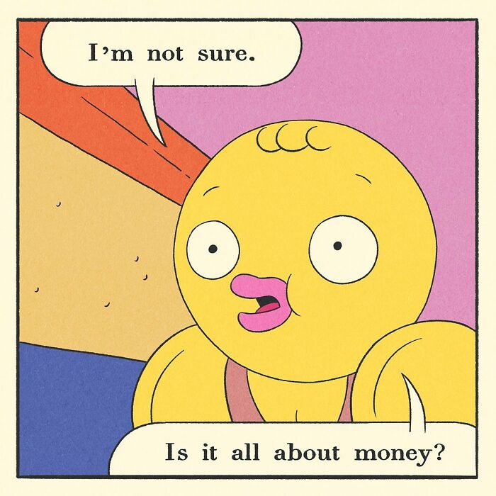 Bodybuilding duck with a soft heart gently holding a cat character’s foot on a blue couch in a colorful comic scene.