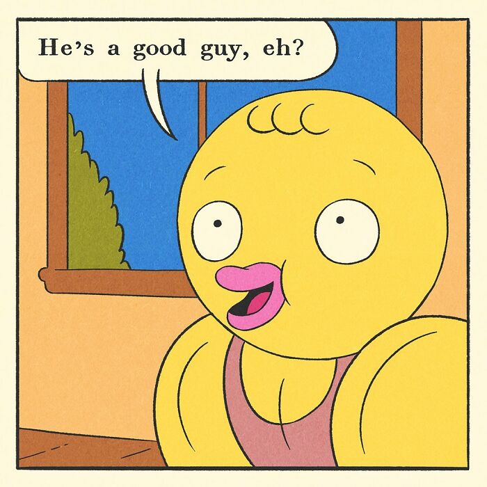 Comic panel showing a close-up of two characters holding hands, illustrating the bodybuilding duck with a soft heart theme.