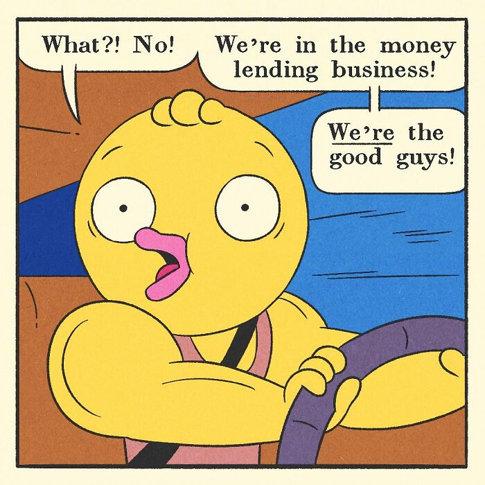 Comic panel featuring a bodybuilding duck driving a red car with a cat passenger, showcasing the character’s soft heart.