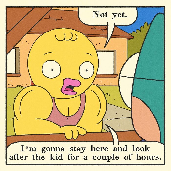 Colorful comic scene showing a cartoon duck character driving a red car past a house with a backyard grill overturned.