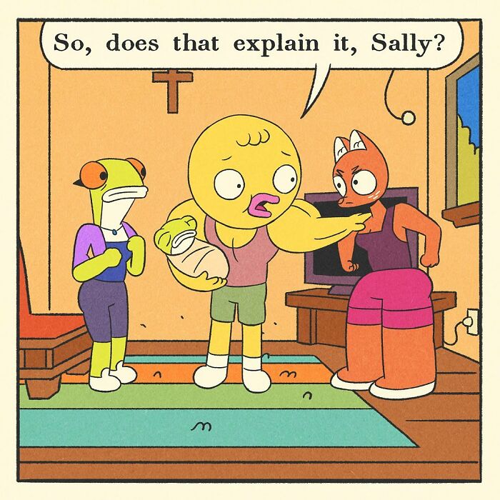 Comic panel showing an angry anthropomorphic shark confronting other characters in a colorful cartoon style.