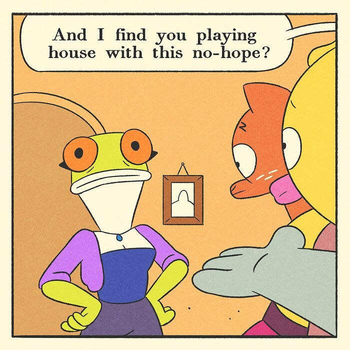 Comic panel featuring a shark character saying a harsh line, part of a bodybuilding duck comic with a soft heart theme.