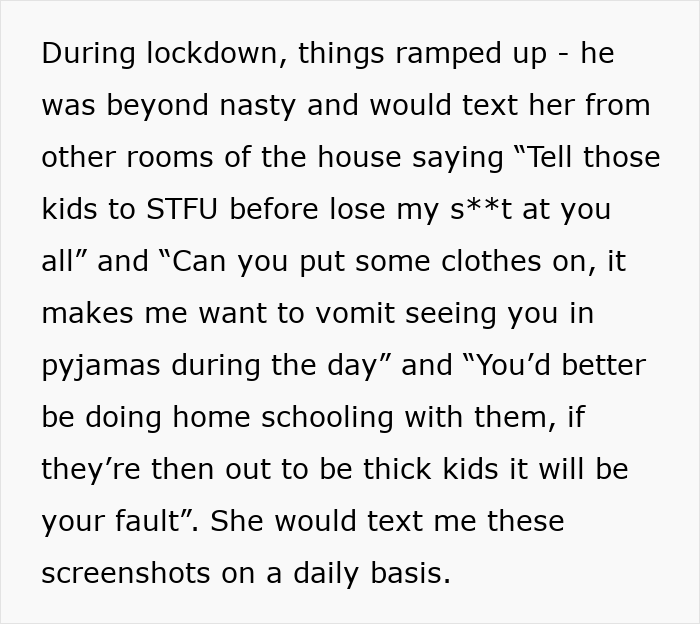 Text excerpt describing abusive texts during lockdown, illustrating the impact of an abusive marriage and cutting off a friend. Text excerpt describing abusive texts during lockdown, illustrating the impact of an abusive marriage and cutting off a friend.