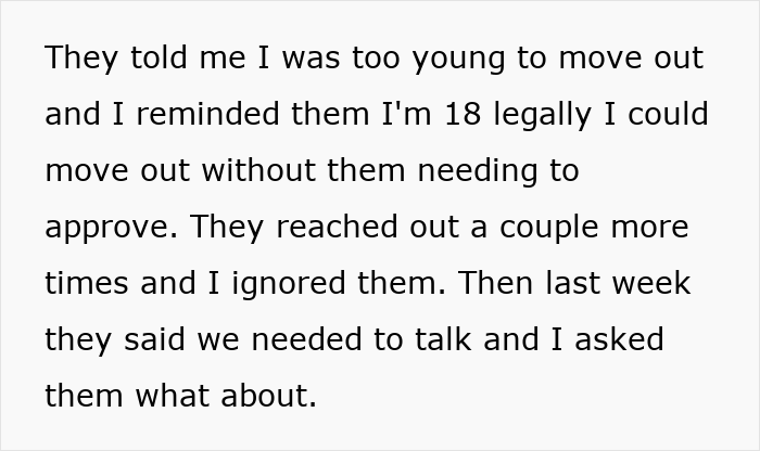 Text excerpt about an 18-year-old legally choosing to move out due to toxic parents and sharing a roof no longer being bearable.
