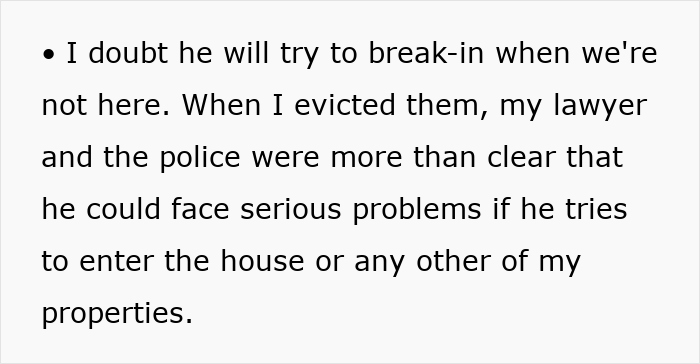 Text excerpt about father and son conflict over house eviction, involving lawyer and police warnings about lock changes. Text excerpt about father and son conflict over house eviction, involving lawyer and police warnings about lock changes.