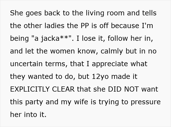 Text excerpt discussing a mom’s menstruation celebration for her 12-year-old daughter and the daughter's clear refusal. Text excerpt discussing a mom’s menstruation celebration for her 12-year-old daughter and the daughter's clear refusal.